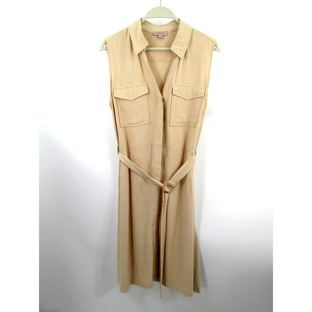 REMIXMESS Tan Linen Blend Midi Fit Flare Dress Women Small Minimalist Sleeveless